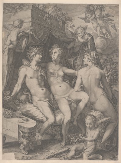 Venus sentada en una cama entre Baco y Ceres, 1600 de Jan Saenredam